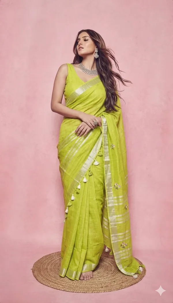 Lime_Green_Cotton_Saree_With_Silver_Zari_Border_Soft_Cotton_Saree_With_Blouse_Piece