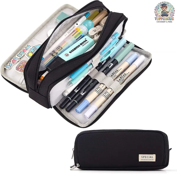 Black_Canvas_Large_Capacity_Pencil_Pouch,_3_Compartments_Pen_&_Pencil_Pouches,_Portable_Stationery_Organizer_Bag,_Aesthetic_Pencil_Case_With_Multiple_Compartment_&_Zipper,_Kids_Cute_Stationery_Gift,_Big_Pencil_Bag_For_School,_College,_Office_(Black)