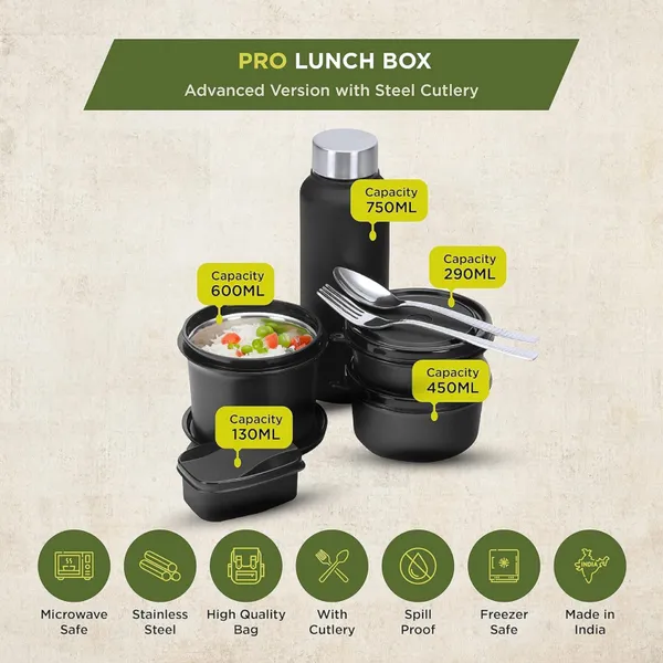 Pro_Lunch_Box_with_Steel_Cutlery,_3_Microwave_Safe_Inner_Steel_Containers_(290ml,_450ml,_600ml)_Plastic_Chutney_Dabba_130ml,_Bottle_750ml_with_Insulated_Bag,_Microwavable_|_ISI_Approved_|_Office_Tiffin_|_BPA_Free_Lids_(Black)