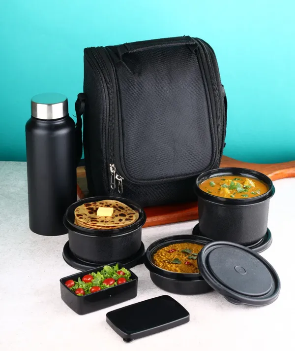 Pro_Lunch_Box_with_Steel_Cutlery,_3_Microwave_Safe_Inner_Steel_Containers_(290ml,_450ml,_600ml)_Plastic_Chutney_Dabba_130ml,_Bottle_750ml_with_Insulated_Bag,_Microwavable_|_ISI_Approved_|_Office_Tiffin_|_BPA_Free_Lids_(Black)