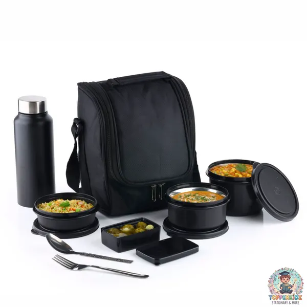 Pro_Lunch_Box_with_Steel_Cutlery,_3_Microwave_Safe_Inner_Steel_Containers_(290ml,_450ml,_600ml)_Plastic_Chutney_Dabba_130ml,_Bottle_750ml_with_Insulated_Bag,_Microwavable_|_ISI_Approved_|_Office_Tiffin_|_BPA_Free_Lids_(Black)