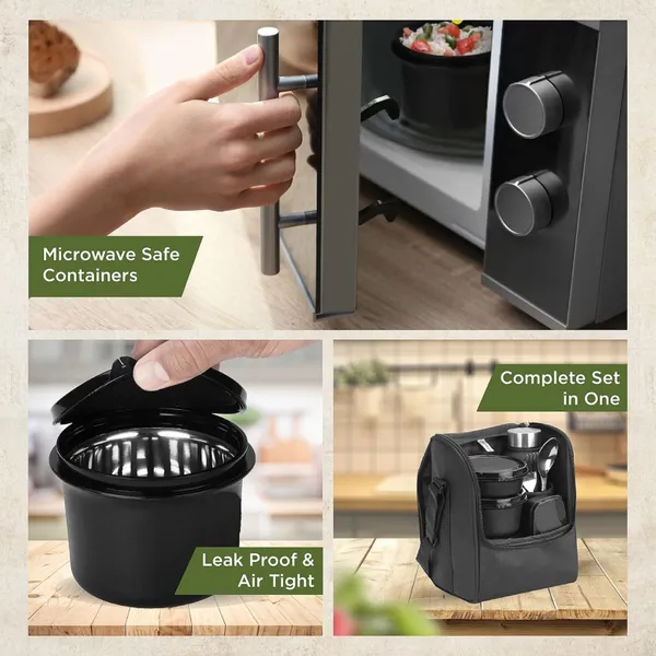 Pro_Lunch_Box_with_Steel_Cutlery,_3_Microwave_Safe_Inner_Steel_Containers_(290ml,_450ml,_600ml)_Plastic_Chutney_Dabba_130ml,_Bottle_750ml_with_Insulated_Bag,_Microwavable_|_ISI_Approved_|_Office_Tiffin_|_BPA_Free_Lids_(Black)