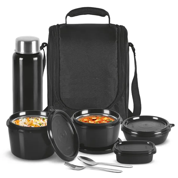 Pro_Lunch_Box_with_Steel_Cutlery,_3_Microwave_Safe_Inner_Steel_Containers_(290ml,_450ml,_600ml)_Plastic_Chutney_Dabba_130ml,_Bottle_750ml_with_Insulated_Bag,_Microwavable_|_ISI_Approved_|_Office_Tiffin_|_BPA_Free_Lids_(Black)