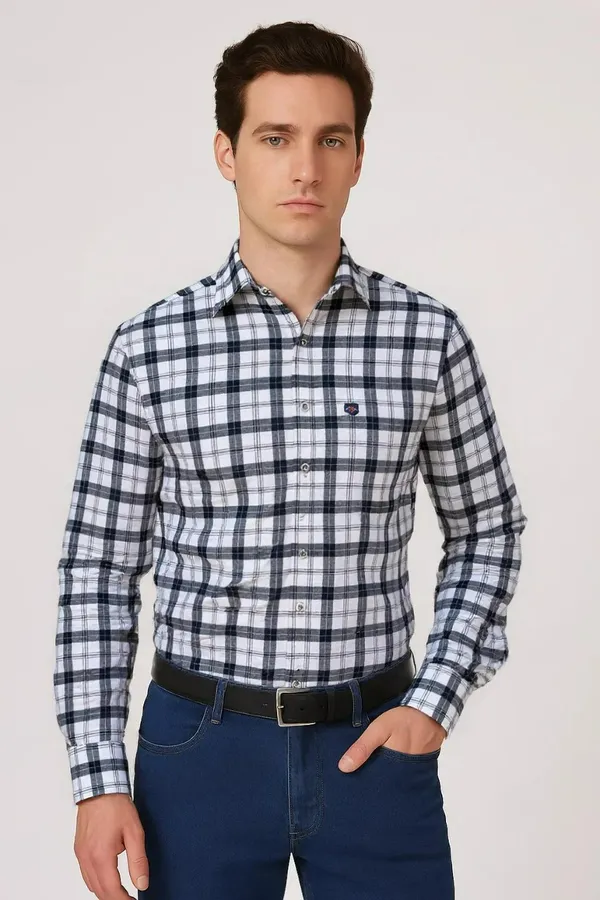 White_&_Blue_Linen_Premium_&_Elegant_Chex_Shirt_For_Men_#41966
