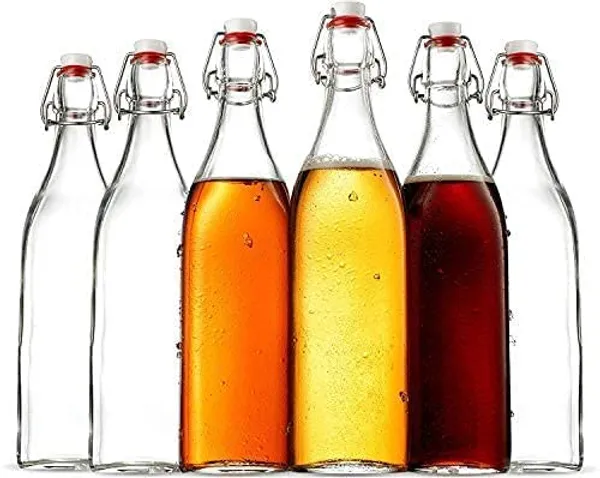 Flip_Top_Glass_Water_Bottle_Pack_of_4,_1_Liter_Clear,_Airtight_&_Leak_Proof_Swing_Cap_Bottle_with_Stopper_for_Beverages_Oil_Soda_Beer_Juice_Kombucha_Milk,_1000ml_Fridge_Water_Bottles