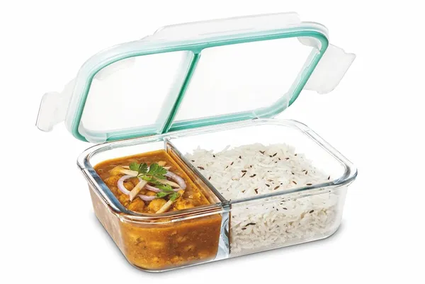 Premium_Slim_High_Microwave_Safe_Two_Compartment_Lunch_Box_Set,_1000ml_Transparent_Borosilicate_Glass,_Safety_Lock_Airtight_Tiffin_Containers_for_Office_School_(Rectangle_2_Partition_Box,1_Liter)