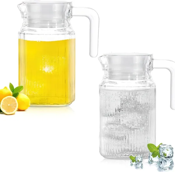 Premium_500ML_Glass_Water_Jug_Set_of_2,_Pitcher_with_Plastic_Lid,_Fridge_Jug_with_Handle,_Practical_Juice_Containers_Easy_to_Use_Milk_Jug,_Iced_Tea,_Cocktails,_Water,_Beverages_(0.5L_Lining_Jug)
