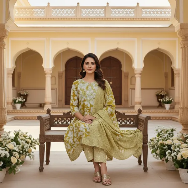 SHREESUTRAM_Mustard_yellow,_cotton_Kurti_Pant_&_dupatta_(KPD032MYX2)