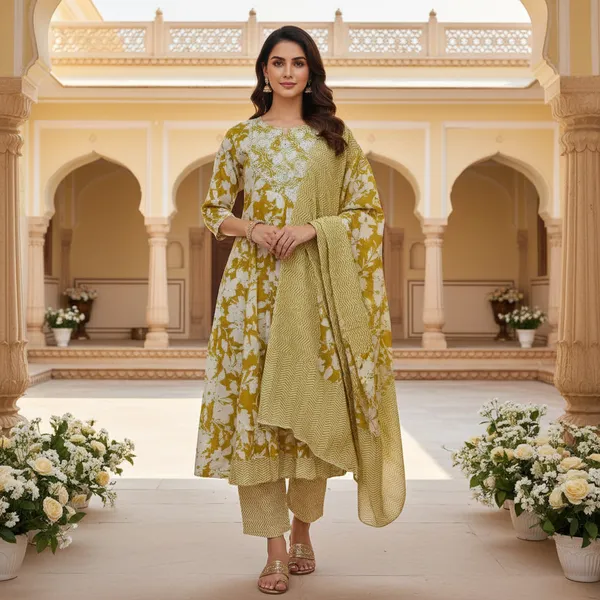 SHREESUTRAM_Mustard_yellow,_cotton_Kurti_Pant_&_dupatta_(KPD032MYX2)