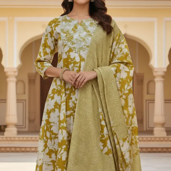 SHREESUTRAM_Mustard_yellow,_cotton_Kurti_Pant_&_dupatta_(KPD032MYX2)
