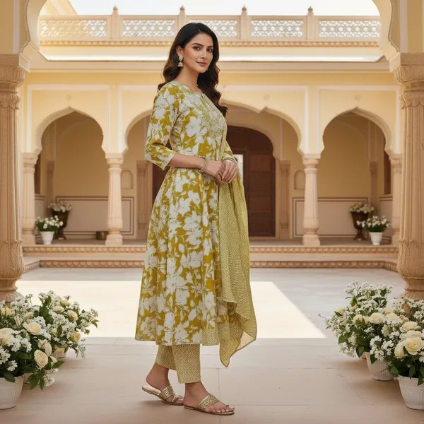 SHREESUTRAM_Mustard_yellow,_cotton_Kurti_Pant_&_dupatta_(KPD032MYX2)