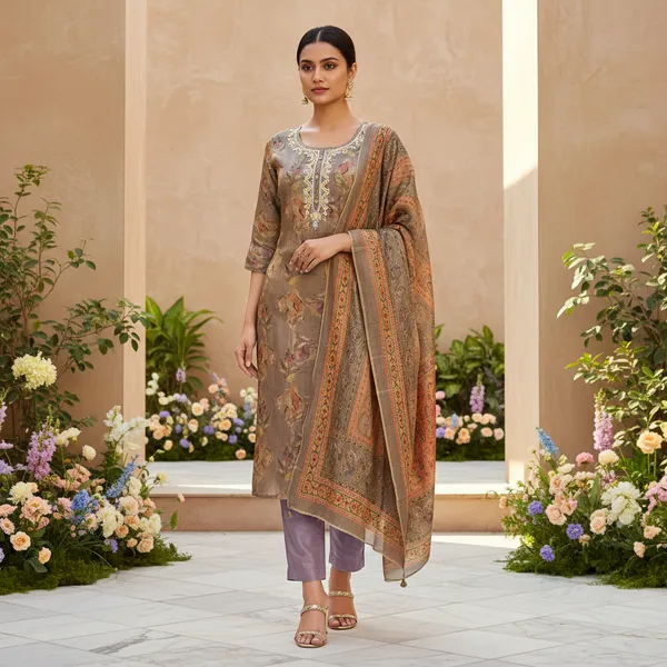 SHREESUTRAM_Olive_Grey,_Organza_Silk_Kurti,_Pant_&_Dupatta_(KPD025OGX2)