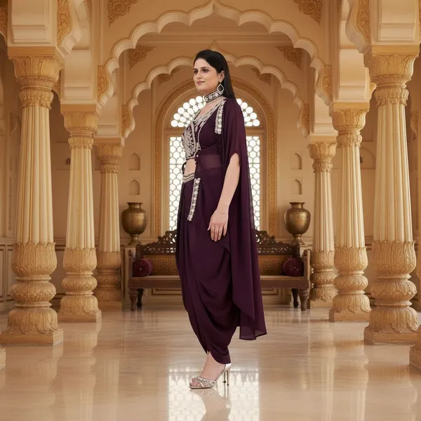 Deep_Plum,_Georgette_Western_Drapped_Gown_Set_(WDG008DPX1)