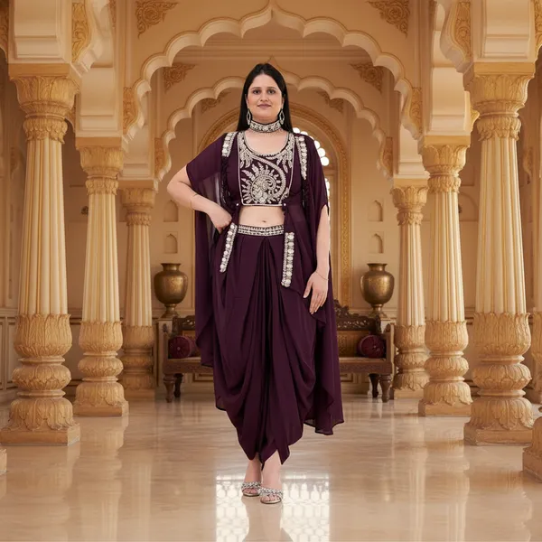 Deep_Plum,_Georgette_Western_Drapped_Gown_Set_(WDG008DPX1)