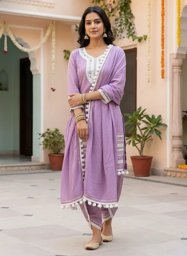 Lavender_Cotton_Rayon_Afghani_Suit_Set_with_Dhoti,_Dupatta_&_Potli_–_Pom_Pom_Lace_Work_–_AS006LDX1