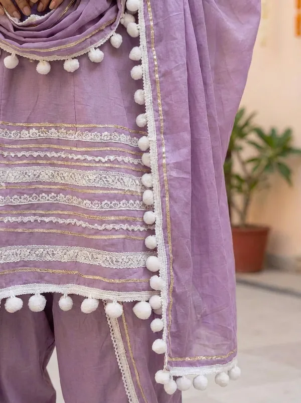 Lavender_Cotton_Rayon_Afghani_Suit_Set_with_Dhoti,_Dupatta_&_Potli_–_Pom_Pom_Lace_Work_–_AS006LDX1
