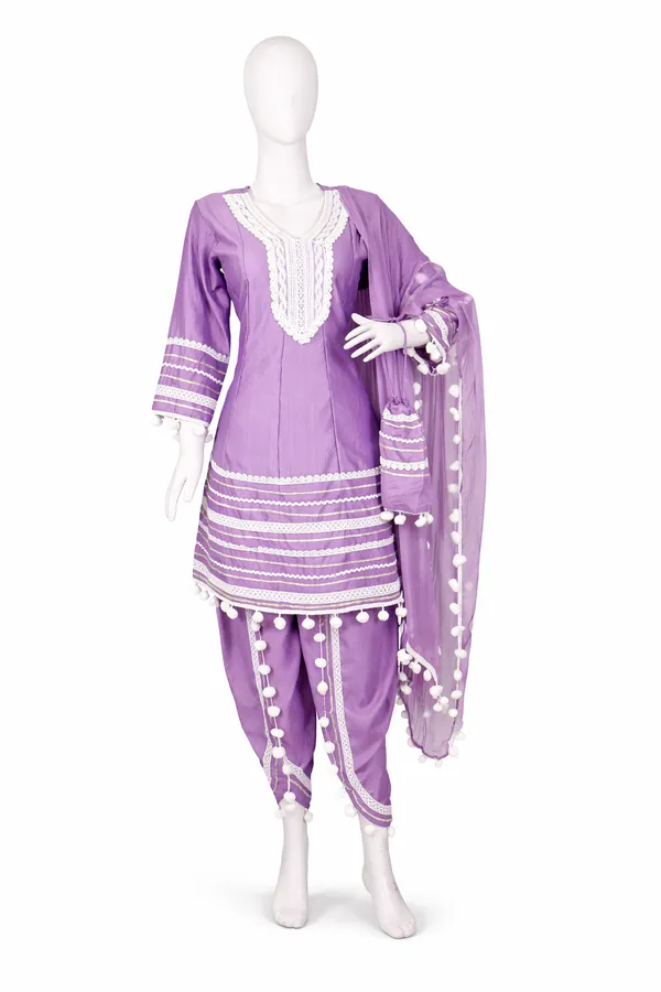 Lavender_Cotton_Rayon_Afghani_Suit_Set_with_Dhoti,_Dupatta_&_Potli_–_Pom_Pom_Lace_Work_–_AS006LDX1