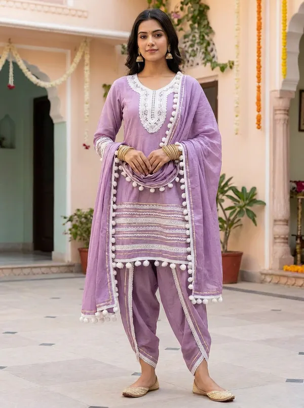 Lavender_Cotton_Rayon_Afghani_Suit_Set_with_Dhoti,_Dupatta_&_Potli_–_Pom_Pom_Lace_Work_–_AS006LDX1