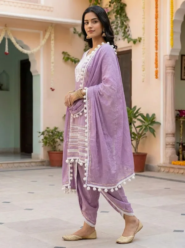 Lavender_Cotton_Rayon_Afghani_Suit_Set_with_Dhoti,_Dupatta_&_Potli_–_Pom_Pom_Lace_Work_–_AS006LDX1