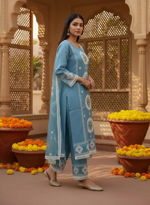 Pastel_Blue_Organza_Cotton_Blend_Kurti_Pant_&_Dupatta_Set_�_Floral_&_Ornamental_Embroidery_�_KPD004PBX1