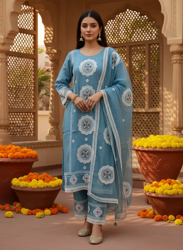 Pastel_Blue_Organza_Cotton_Blend_Kurti_Pant_&_Dupatta_Set_�_Floral_&_Ornamental_Embroidery_�_KPD004PBX1
