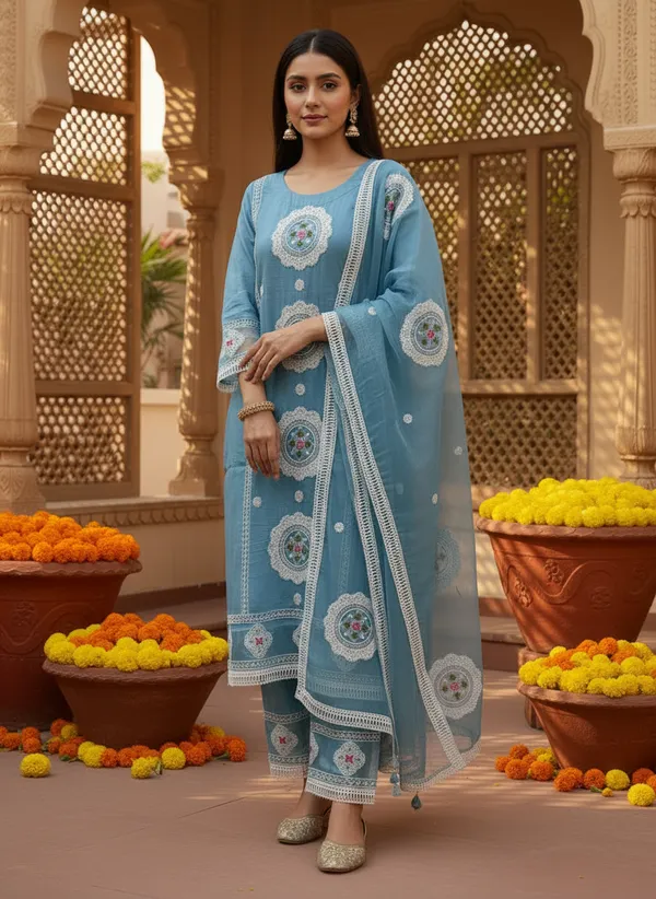 Pastel_Blue_Organza_Cotton_Blend_Kurti_Pant_&_Dupatta_Set_�_Floral_&_Ornamental_Embroidery_�_KPD004PBX1
