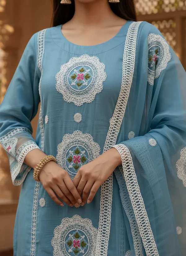 Pastel_Blue_Organza_Cotton_Blend_Kurti_Pant_&_Dupatta_Set_�_Floral_&_Ornamental_Embroidery_�_KPD004PBX1