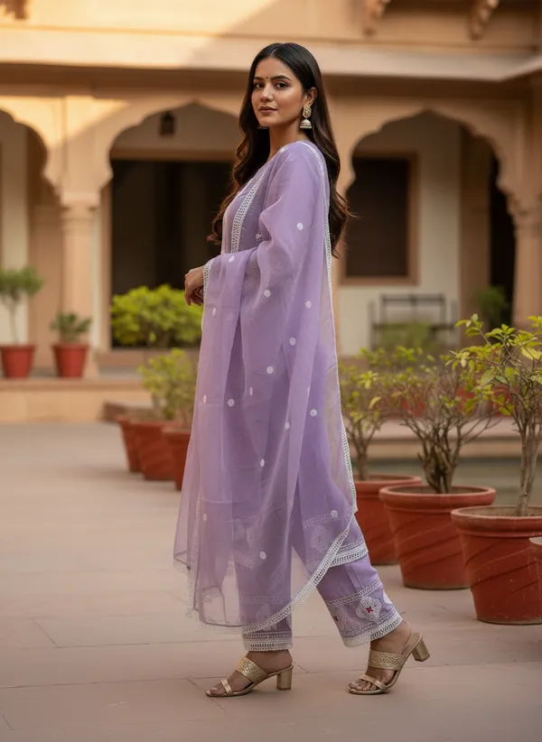 Light_Lavender_Organza_Cotton_Blend_Kurti_Pant_&_Dupatta_Set_–_Floral_&_Ornamental_Embroidery_–_KPD004LLX1
