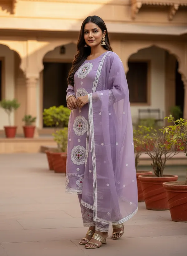 Light_Lavender_Organza_Cotton_Blend_Kurti_Pant_&_Dupatta_Set_–_Floral_&_Ornamental_Embroidery_–_KPD004LLX1
