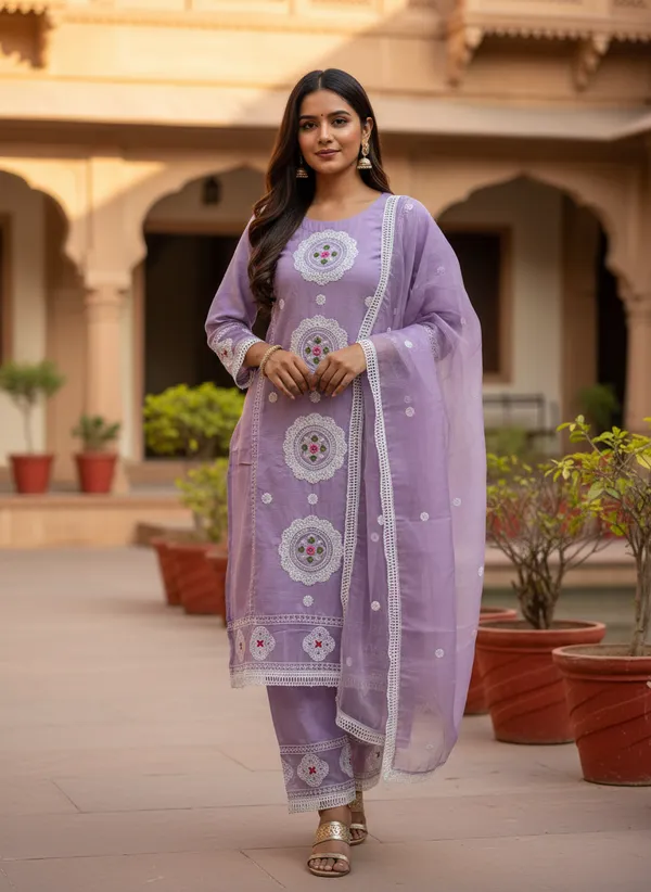 Light_Lavender_Organza_Cotton_Blend_Kurti_Pant_&_Dupatta_Set_–_Floral_&_Ornamental_Embroidery_–_KPD004LLX1