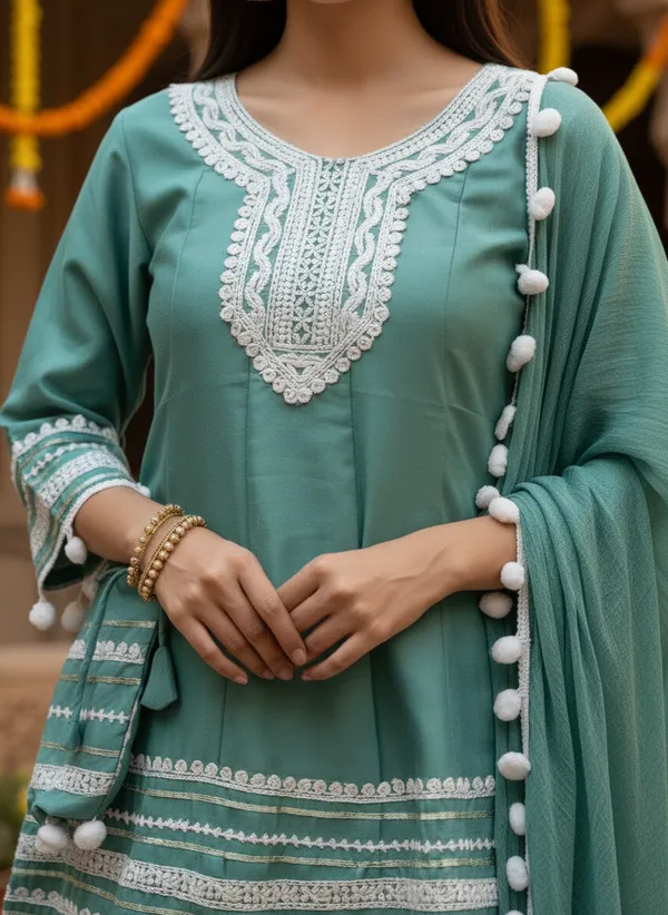 Sea_Green_Cotton_Rayon_Afghani_Suit_Set_with_Dhoti,_Dupatta_&_Potli_–_Pom_Pom_Lace_Work_–_AS006SGX1
