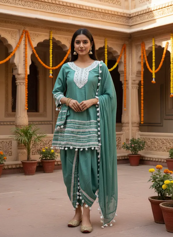 Sea_Green_Cotton_Rayon_Afghani_Suit_Set_with_Dhoti,_Dupatta_&_Potli_–_Pom_Pom_Lace_Work_–_AS006SGX1
