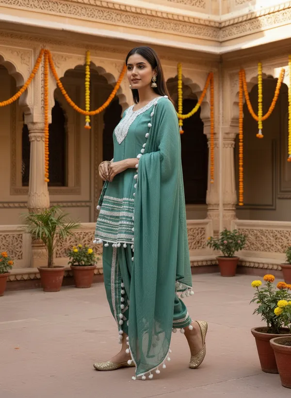 Sea_Green_Cotton_Rayon_Afghani_Suit_Set_with_Dhoti,_Dupatta_&_Potli_–_Pom_Pom_Lace_Work_–_AS006SGX1