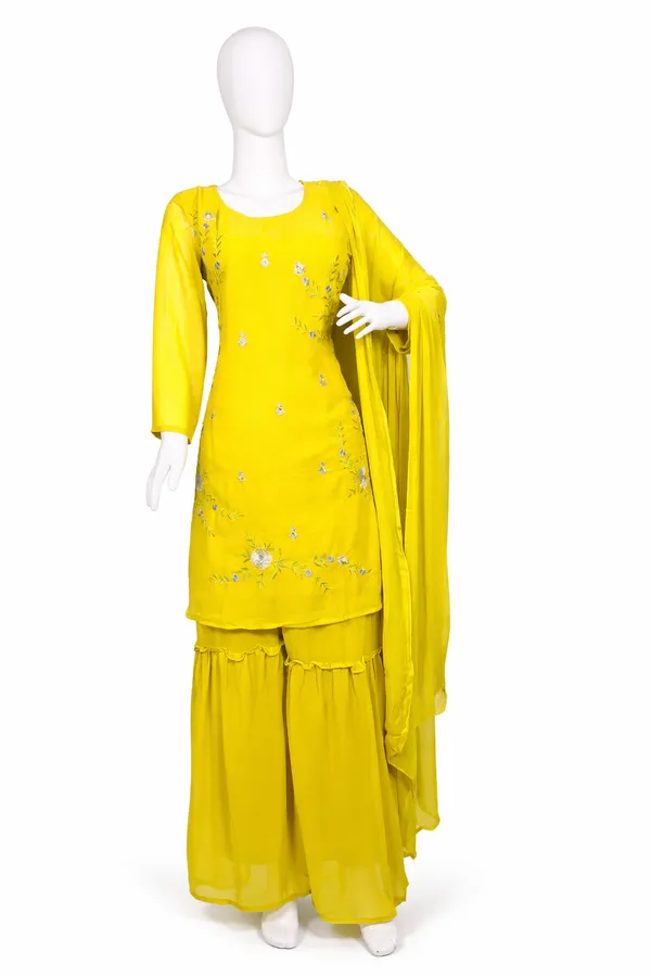 SHREESUTRAM_Parrot_Green_Georgette_Kurti,_Pant_&_Dupatta_(KPD030PGX2)