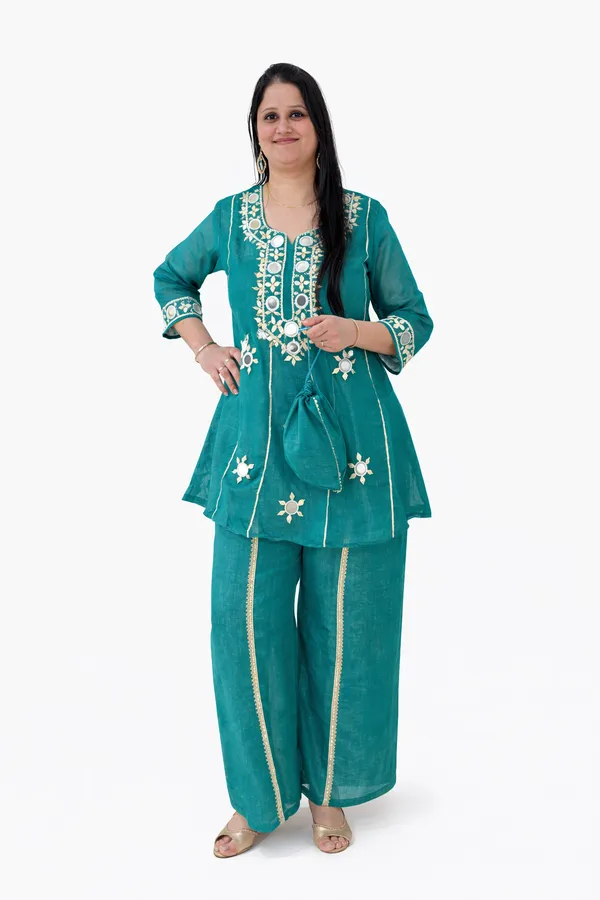 Bottle_Green_Viscose_Rayon_Co-Ord_Set_with_Kurti,_Palazzo_&_Potli_–_Embroidery_and_Mirror_Work_–_CS002BGX1