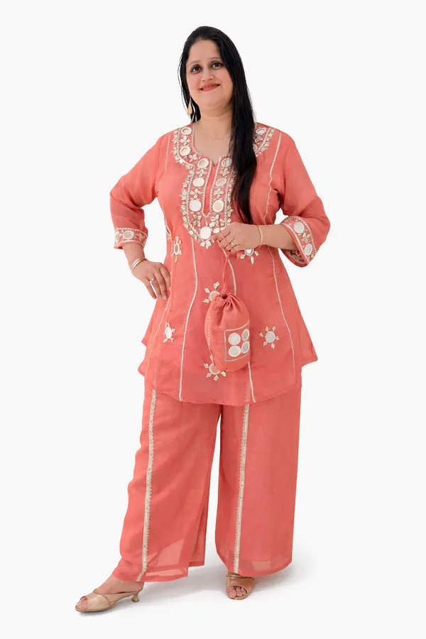 Peach_Pink_Viscose_Rayon_Co-Ord_Set_with_Kurti,_Palazzo_&_Potli_–_Embroidery_and_Mirror_Work_–_CS002PPX1