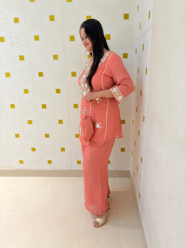 Peach_Pink_Viscose_Rayon_Co-Ord_Set_with_Kurti,_Palazzo_&_Potli_–_Embroidery_and_Mirror_Work_–_CS002PPX1