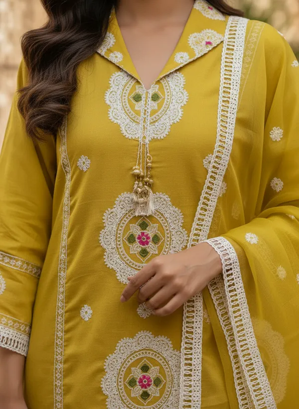 Mustard_Yellow_Organza_Cotton_Blend_Kurti_Pant_&_Dupatta_Set_–_Floral_&_Ornamental_Embroidery_–_KPD004MYX1