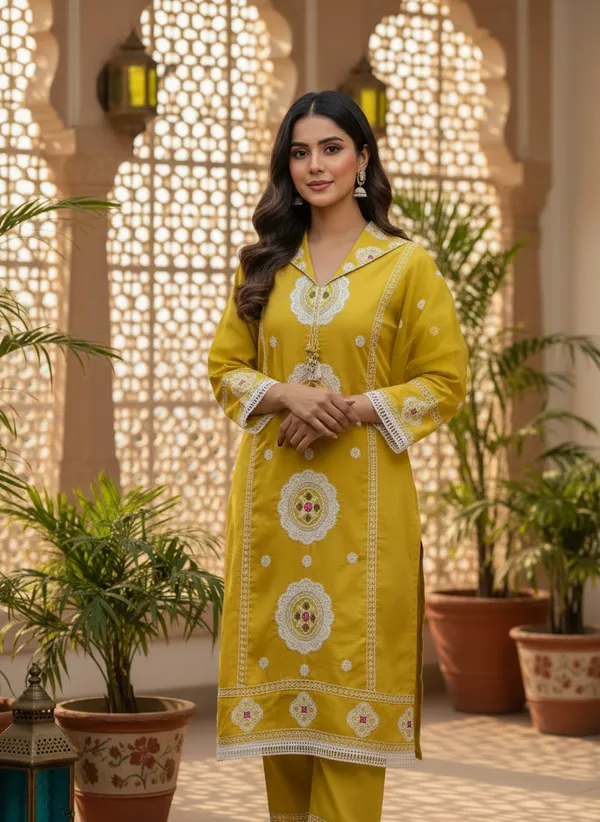 Mustard_Yellow_Organza_Cotton_Blend_Kurti_Pant_&_Dupatta_Set_–_Floral_&_Ornamental_Embroidery_–_KPD004MYX1