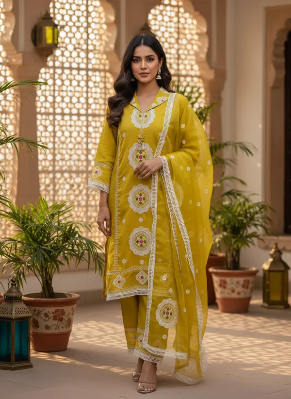 Mustard_Yellow_Organza_Cotton_Blend_Kurti_Pant_&_Dupatta_Set_–_Floral_&_Ornamental_Embroidery_–_KPD004MYX1