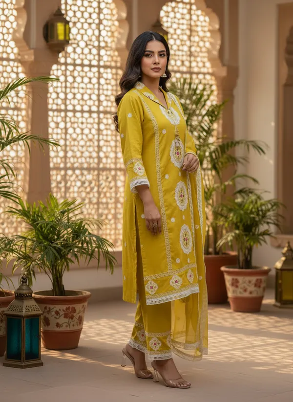 Mustard_Yellow_Organza_Cotton_Blend_Kurti_Pant_&_Dupatta_Set_–_Floral_&_Ornamental_Embroidery_–_KPD004MYX1
