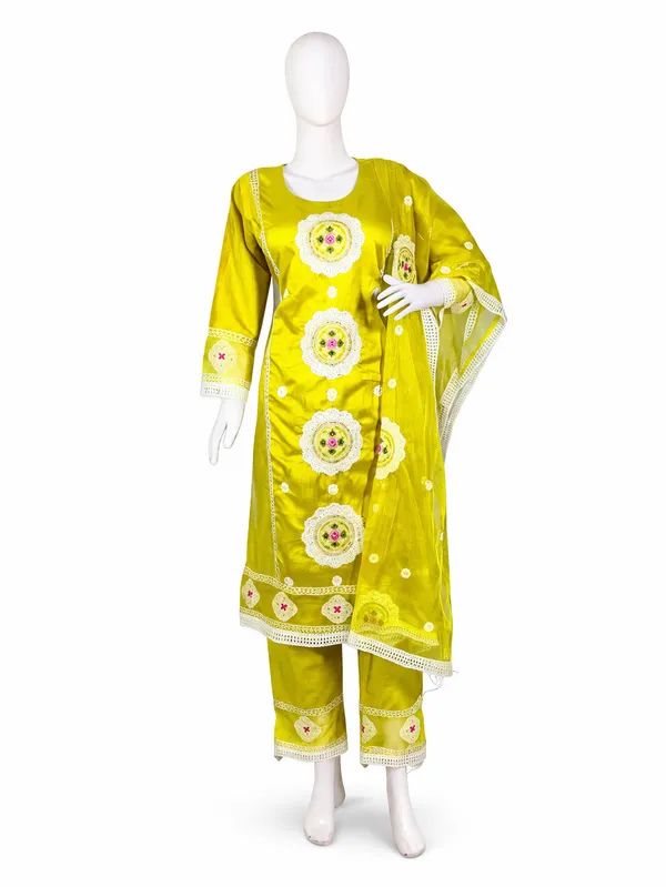 Mustard_Yellow_Organza_Cotton_Blend_Kurti_Pant_&_Dupatta_Set_–_Floral_&_Ornamental_Embroidery_–_KPD004MYX1