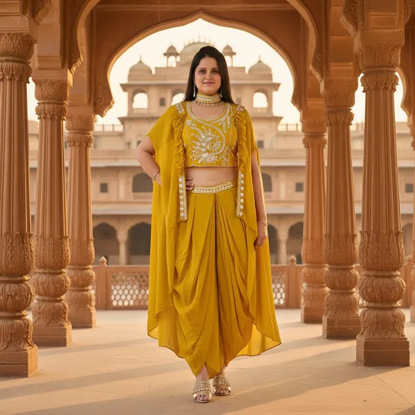 Mustard_Ochre,_Georgette_Western_Drapped_Gown_Set_(WDG008MOX1)