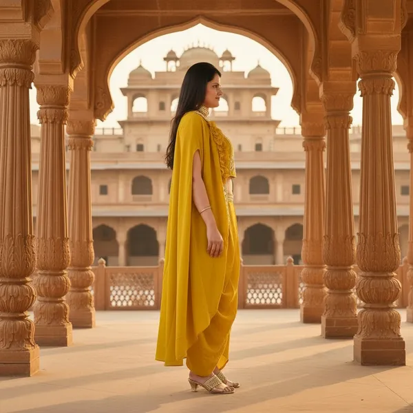Mustard_Ochre,_Georgette_Western_Drapped_Gown_Set_(WDG008MOX1)