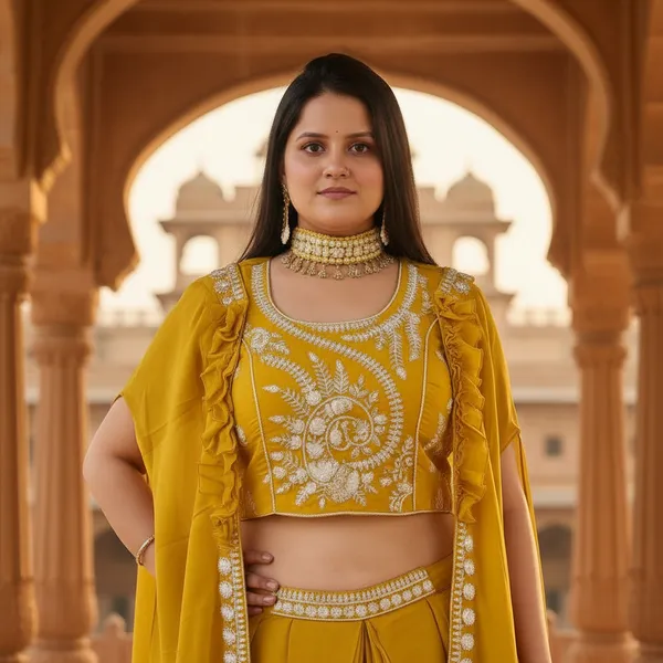 Mustard_Ochre,_Georgette_Western_Drapped_Gown_Set_(WDG008MOX1)