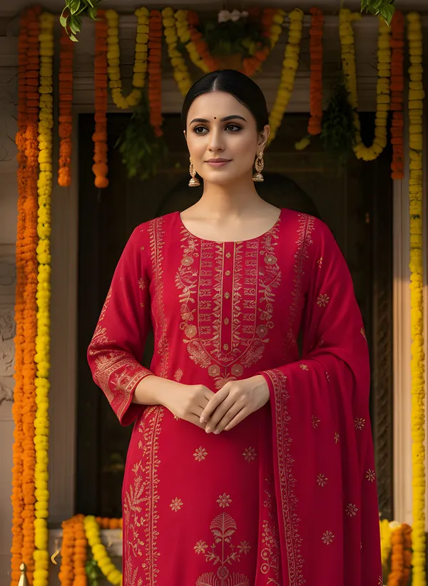 Deep_Rani_Pink_with_Antique_Gold_Print,_Super_Soft_Velvet_Kurti_Pant_&_Dupatta_(KPD011RPX1)