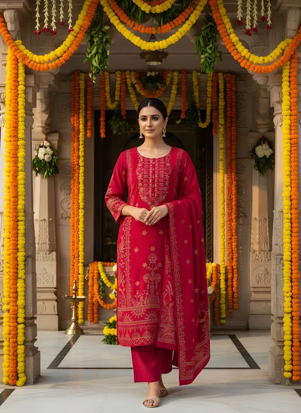 Deep_Rani_Pink_with_Antique_Gold_Print,_Super_Soft_Velvet_Kurti_Pant_&_Dupatta_(KPD011RPX1)