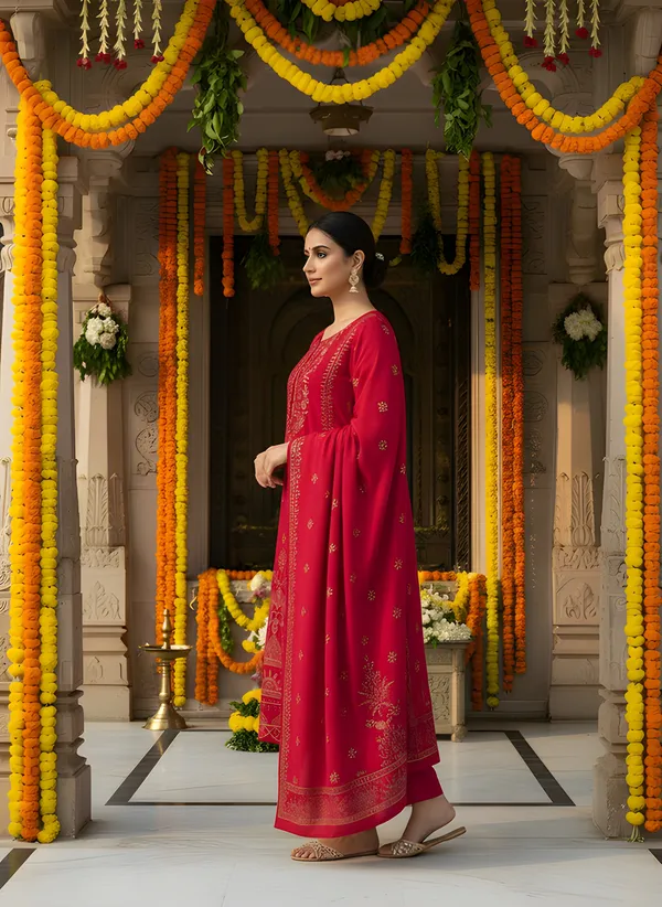 Deep_Rani_Pink_with_Antique_Gold_Print,_Super_Soft_Velvet_Kurti_Pant_&_Dupatta_(KPD011RPX1)