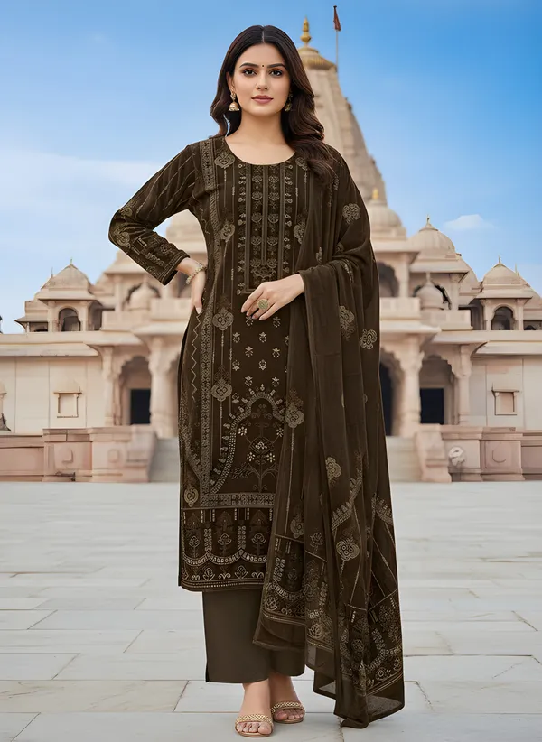 Dark_Coffee_Brown_with_Antique_Gold_Print,_Super_Soft_Velvet_Kurti_Pant_&_Dupatta_(KPD012CBX1)