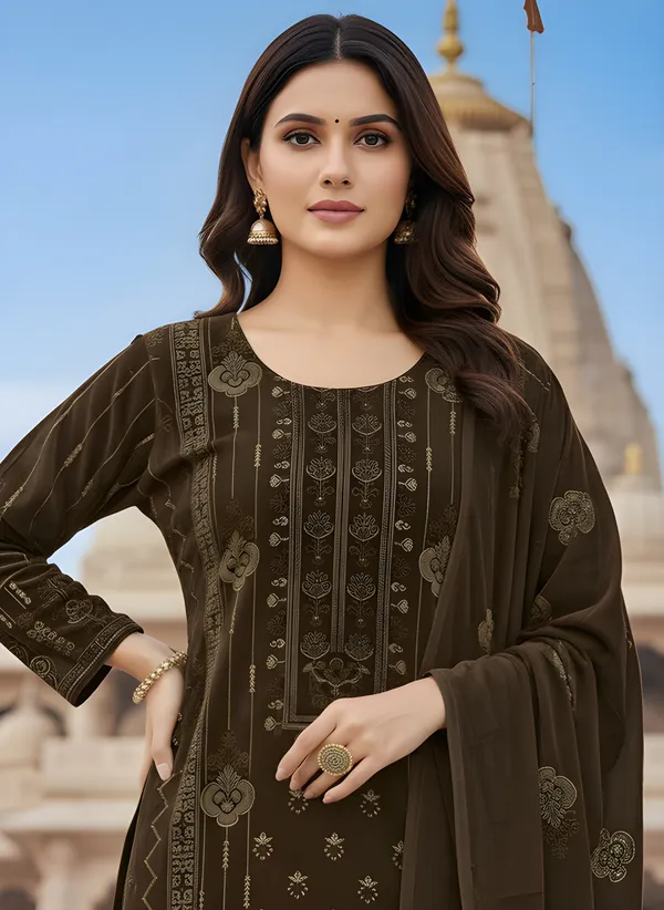 Dark_Coffee_Brown_with_Antique_Gold_Print,_Super_Soft_Velvet_Kurti_Pant_&_Dupatta_(KPD012CBX1)